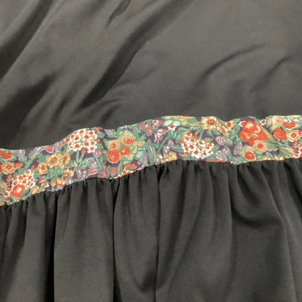 Vintage 70s Kids Black Floral Prairie Dress Lace Up Ruffle Hem Size 5